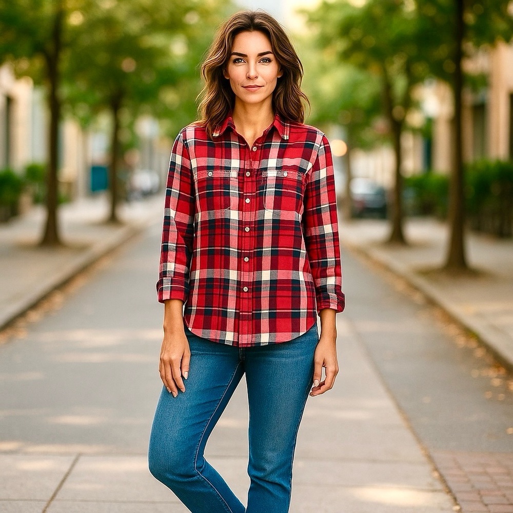 🪴Universal Thread Red/White/Blue checkered button-up top.
